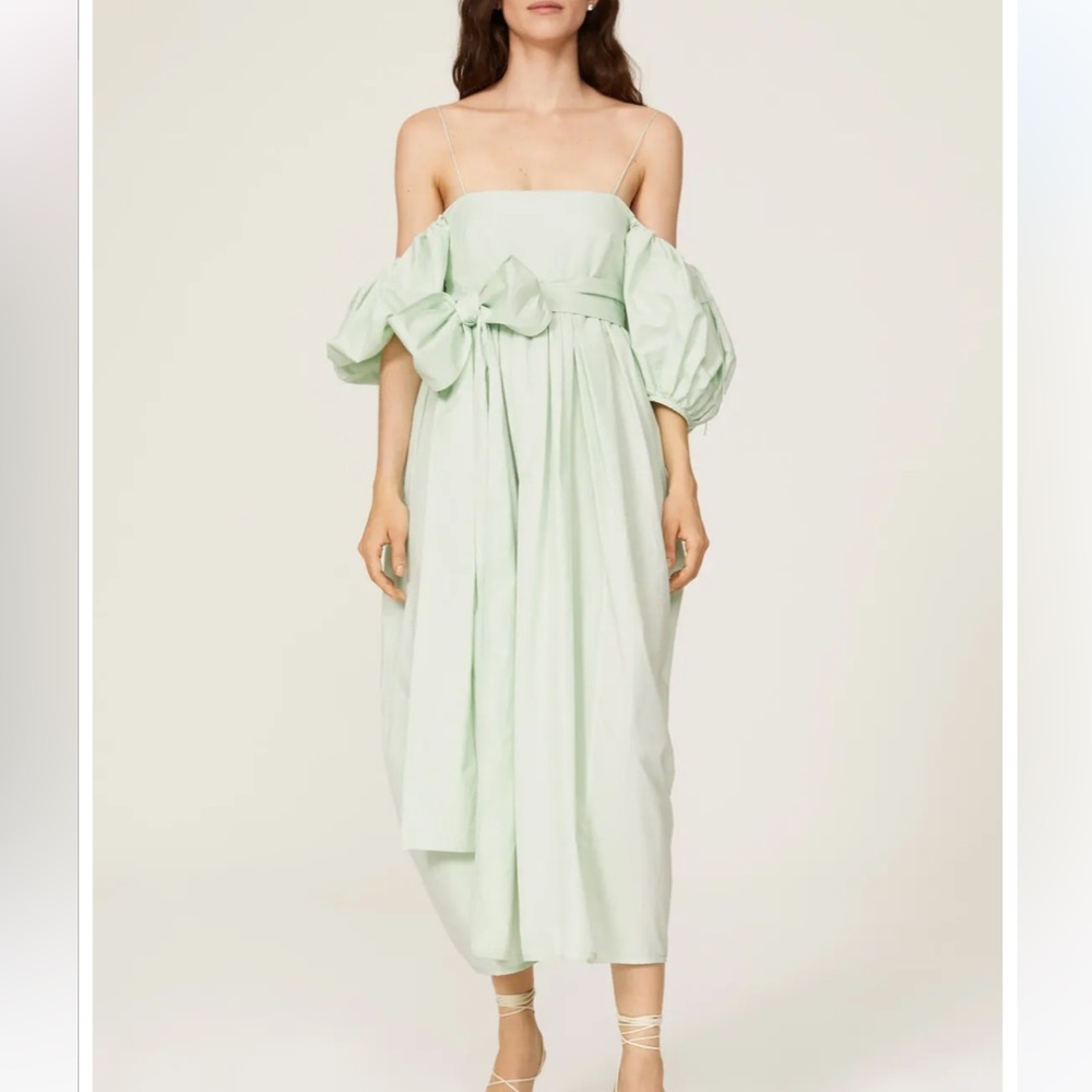 Cecilie Bahnsen Mint Green Off-Shoulder Puff Sleeve Midi Dress